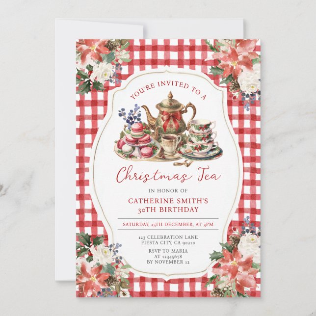 Red Bow Christmas Tea Adult Birthday Party Floral Invitation (Front)