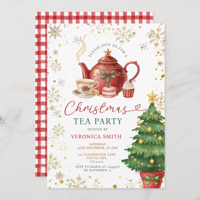 Red Bow Christmas Tea Adult Birthday Party Floral Invitation (Front/Back)