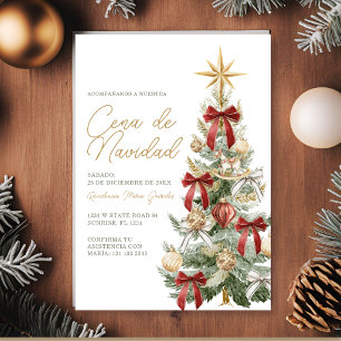 Red Bow Christmas Tree Cena De Navidad Dinner Invitation