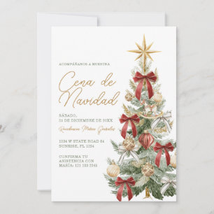 Red Bow Christmas Tree Cena De Navidad Dinner Invitation