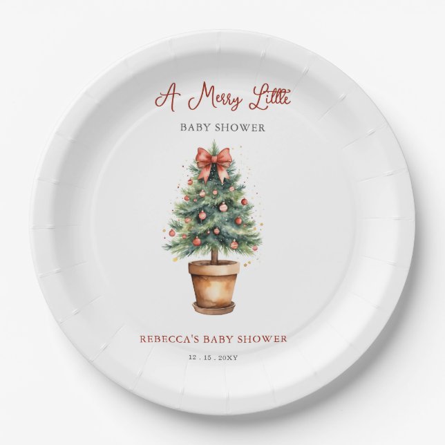 Red Bow Christmas Tree Merry Little Baby Shower Paper Plate (Front)