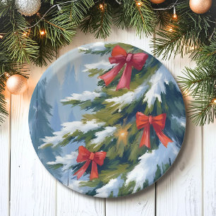 Red Bow Christmas Tree Watercolor Painting Paper Plate