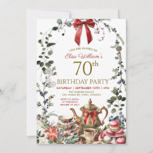 Red Bow Christmas Woman 70th Birthday Tea Party Invitation