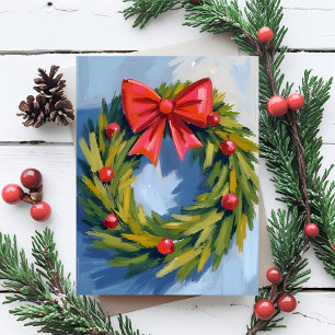 Red Bow Christmas Wreath Watercolor Holiday Postcard