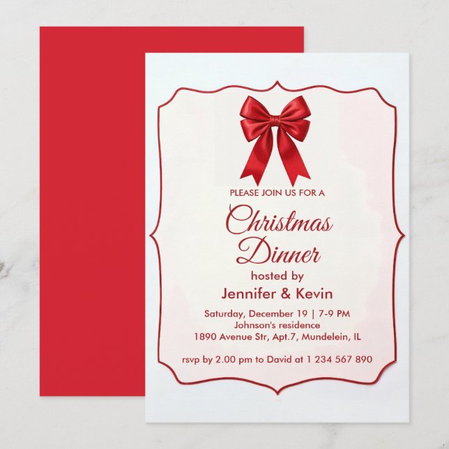 Red Bow Classic Traditional Christmas Invitation (Front/Back)