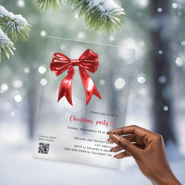 Red bow clear QR code Christmas Party Acrylic Invitations (Creator Uploaded)