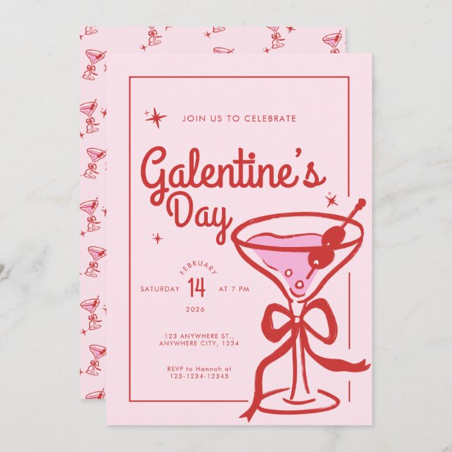 Red Bow Cocktail Galentine's Day Invitation (Front/Back)