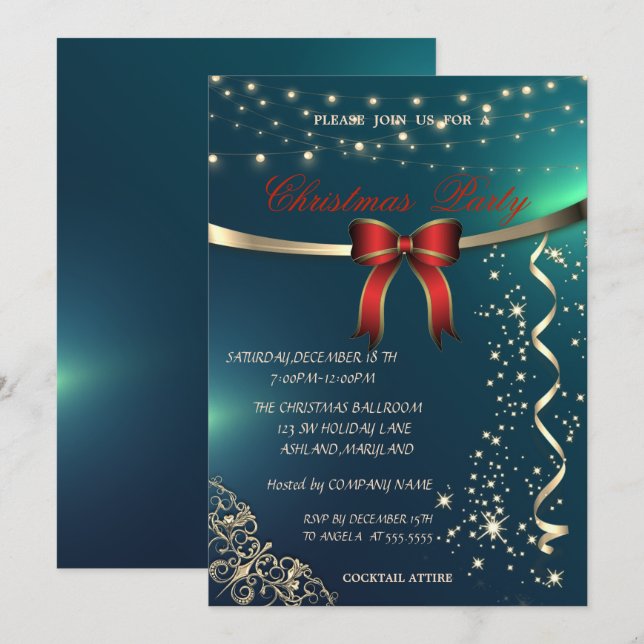 Red Bow,Confetti,Green Company Christmas Party Invitation (Front/Back)