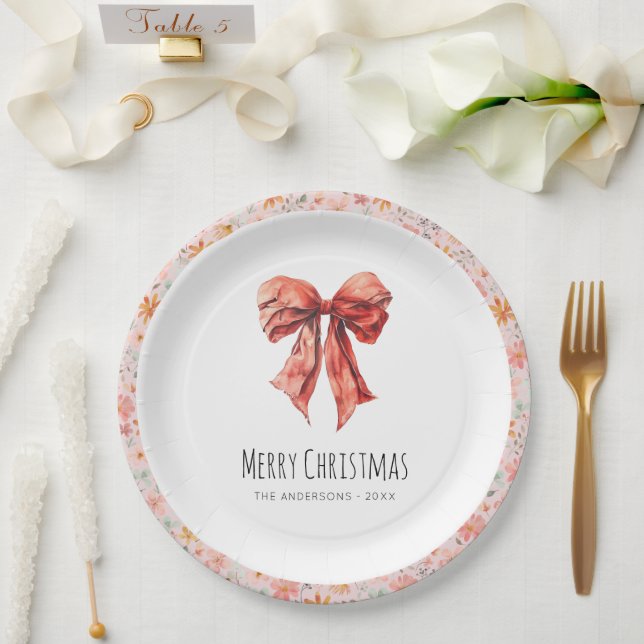 Red Bow Coquette Elegant Floral Christmas  Paper Plate (Wedding)