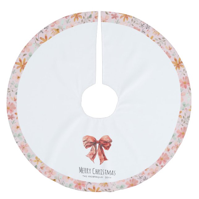 Red Bow Coquette Modern Floral Christmas  Brushed Polyester Tree Skirt (Front)