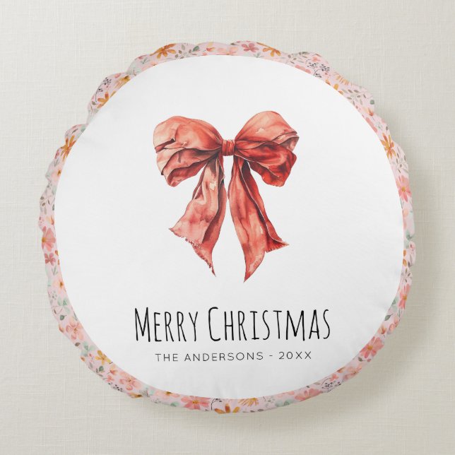 Red Bow Coquette Modern Floral Christmas  Round Cushion (Front)