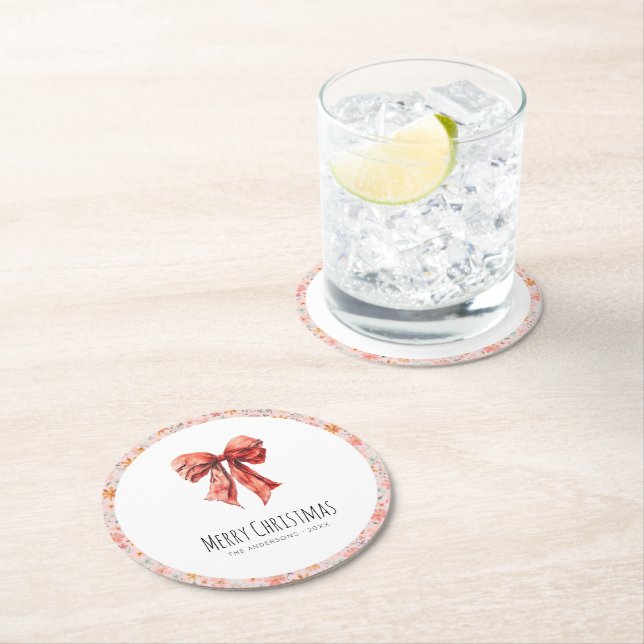 Red Bow Coquette Modern Floral Christmas  Round Paper Coaster (Insitu)