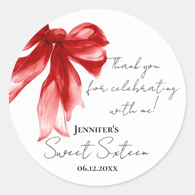 Red Bow Coquette Script Sweet 16 Thank You  Classic Round Sticker (Front)