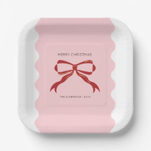 Red Bow Coquette Squiggly Borders Christmas Paper Plate