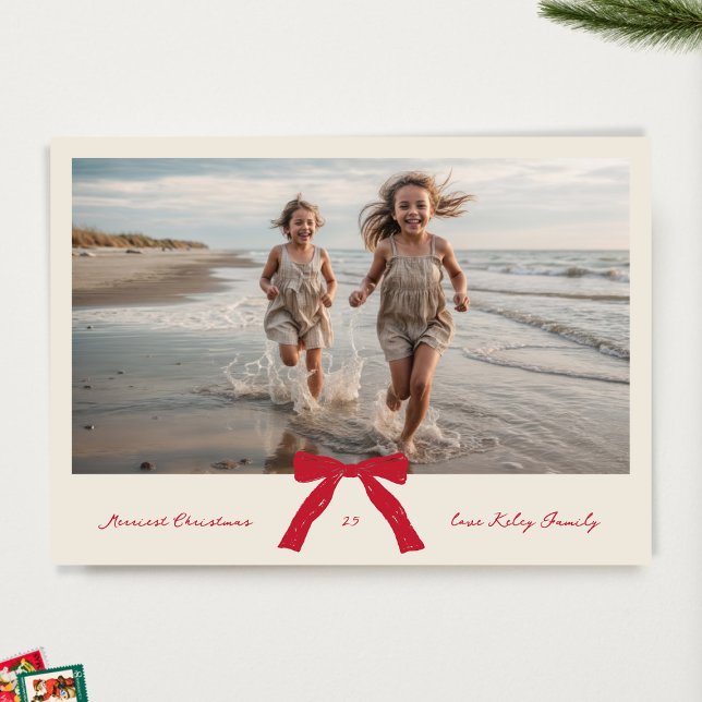 RED bow CREAM ink merriest christmas photo Holiday Card (Creator Uploaded)