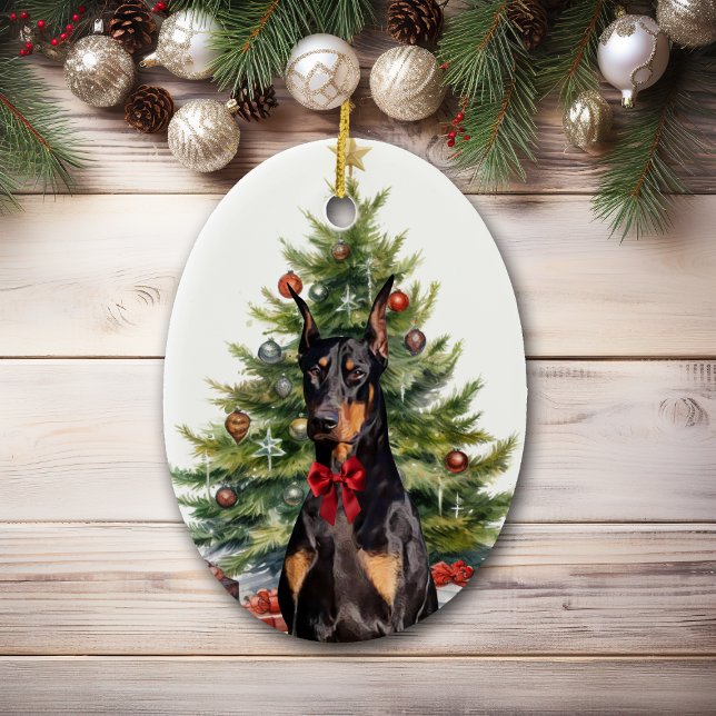 Red Bow Doberman Pinscher Dog Christmas Ceramic Tree Decoration (Creator Uploaded)
