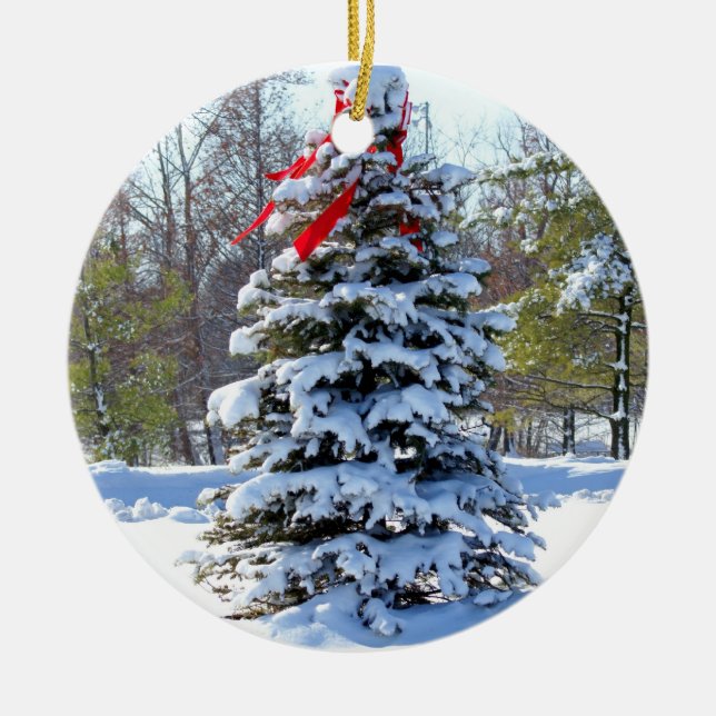 Red Bow Evergreen Ceramic Tree Decoration (Front)