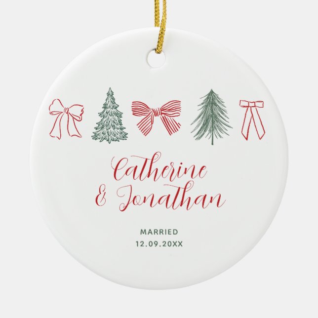 Red Bow & Evergreen Trees Couple Keepsake Ceramic Tree Decoration (Front)