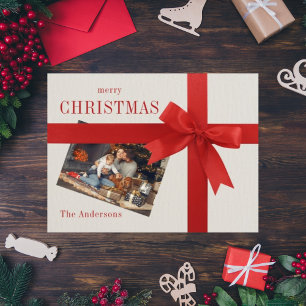 Red bow family photo holiday Christmas card