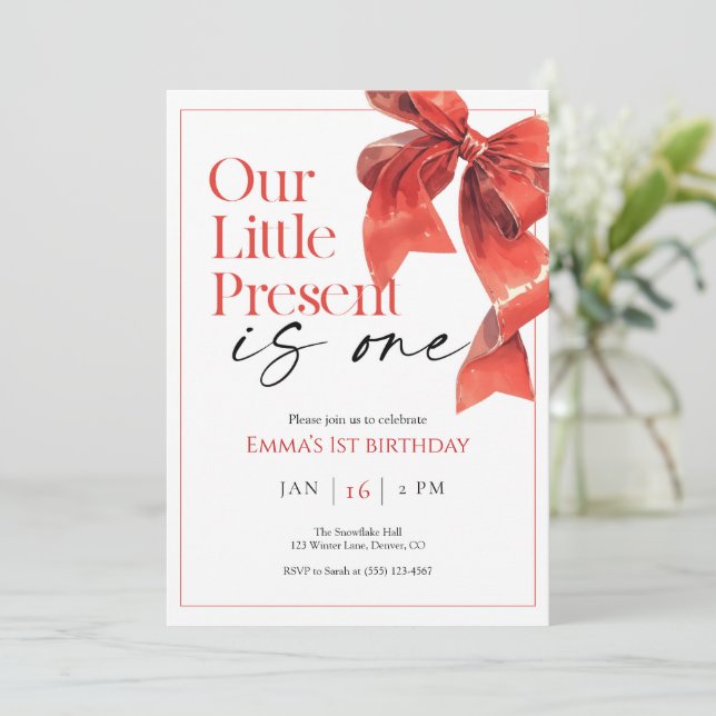 Red Bow First Birthday Invitation (Standing Front)