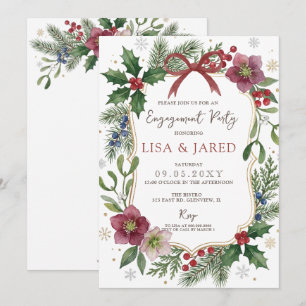 Red Bow Floral Winter Christmas Engagement Party Invitation