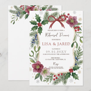 Red Bow Floral Winter Christmas Rehearsal Dinner Invitation