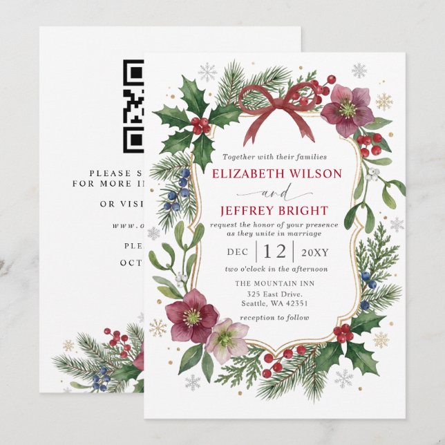 Red Bow Floral Winter Christmas Wedding QR Code Invitation (Front/Back)