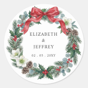Red Bow Floral Winter Christmas Wreath Wedding Classic Round Sticker