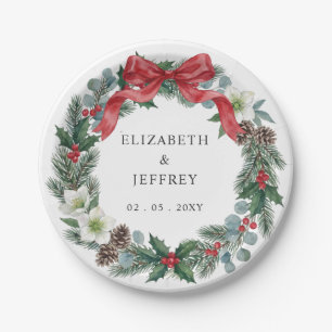 Red Bow Floral Winter Christmas Wreath Wedding Paper Plate