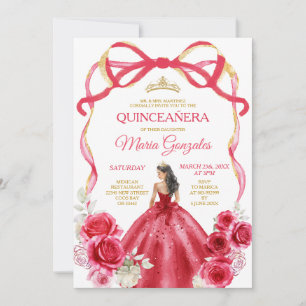 Red Bow Frame Princess Gold Crown Girl Quinceañera Invitation