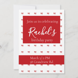 Red Bow Girl Birthday Party  Invitation