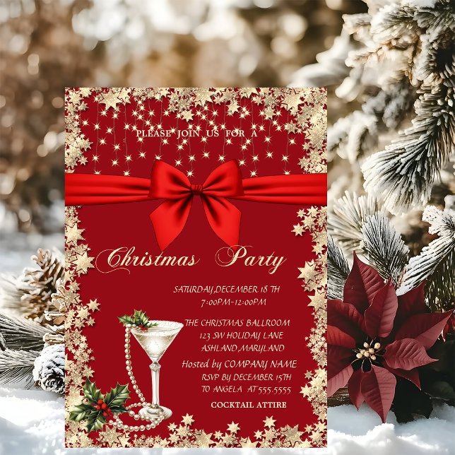 Red Bow,Glass Pearls Stars Red Company Christmas  Invitation (Creator Uploaded)