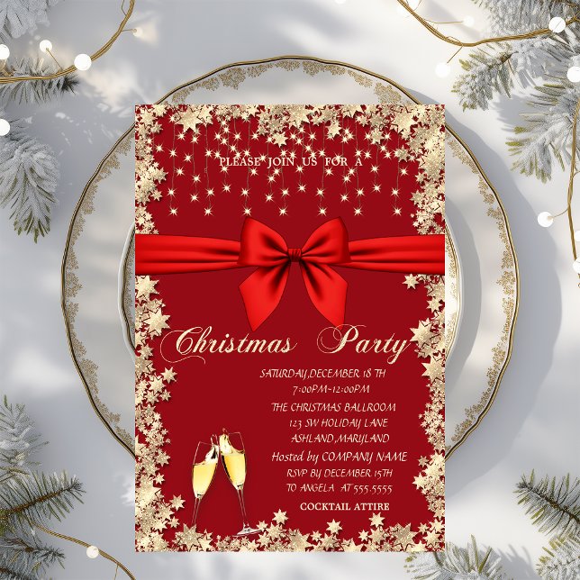 Red Bow,Glass,Stars Red Company Christmas Party Invitation (Creator Uploaded)