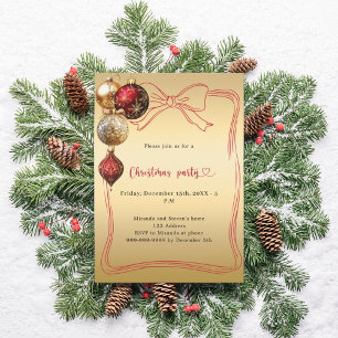 Red bow gold baubles Christmas Party Invitation