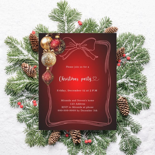 Red bow gold baubles Christmas Party invitation (Creator Uploaded)