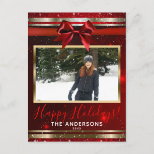 Red Bow Gold Glam Sparkle Holiday Photo Card