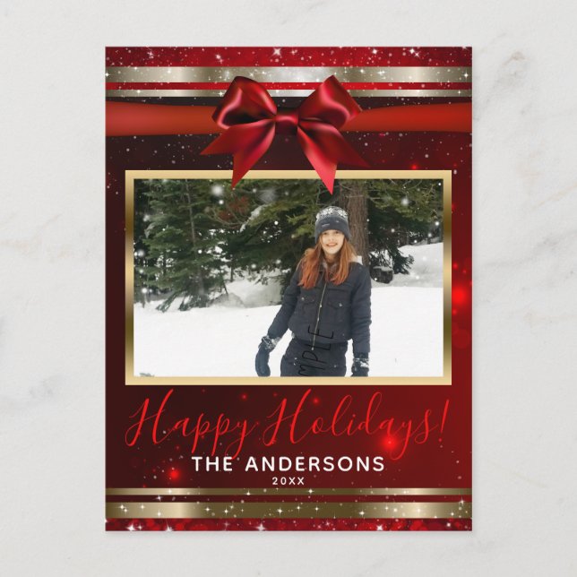 Red Bow Gold Glam Sparkle Holiday Photo Card (Front)