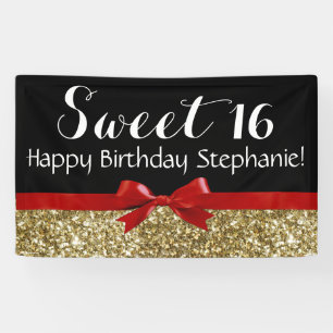 Red Bow Gold Glitter Sweet 16 Birthday Party Banner