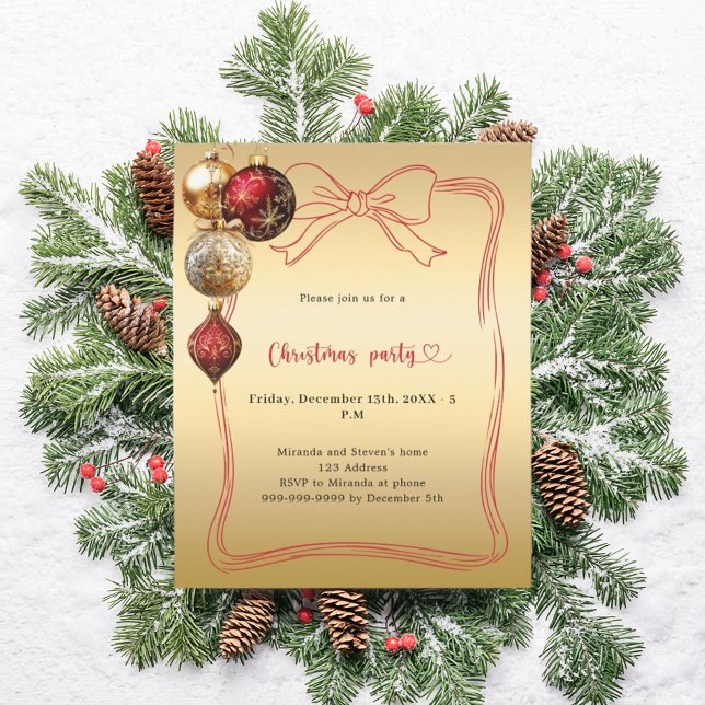 Red bow gold ornaments Christmas Party invitation (Creator Uploaded)