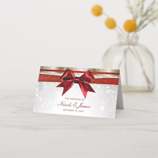 Red Bow Gold White Sparkle Christmas Wedding Place Place Card (Front)