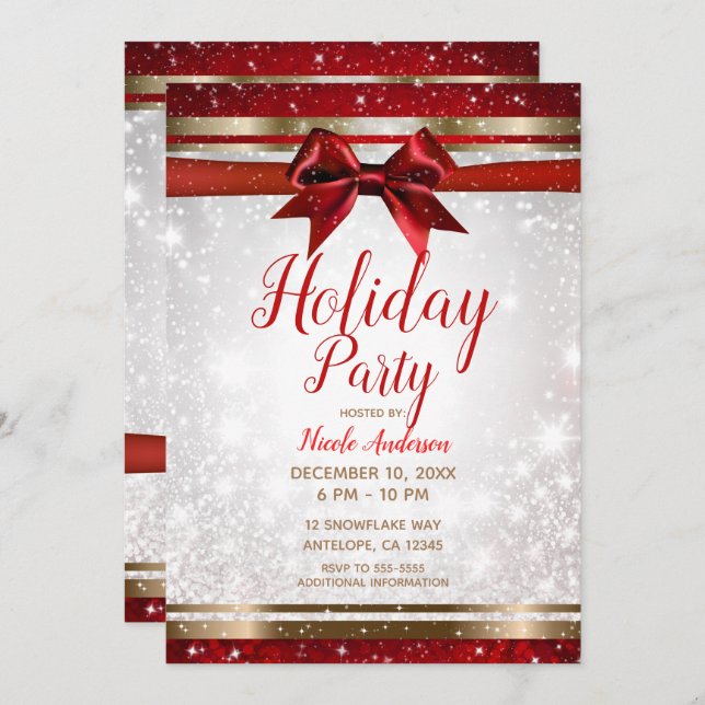 Red Bow & Gold White Sparkle Elegant Holiday Party Invitation (Front/Back)