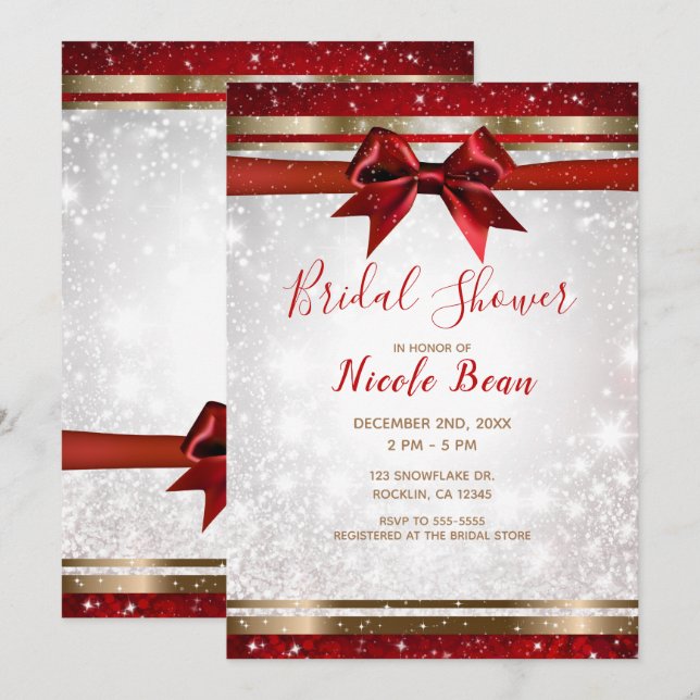 Red Bow & Gold White Sparkle Holiday Bridal Shower Invitation (Front/Back)