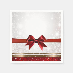 Red Bow & Gold White Sparkle Holiday Party Napkin