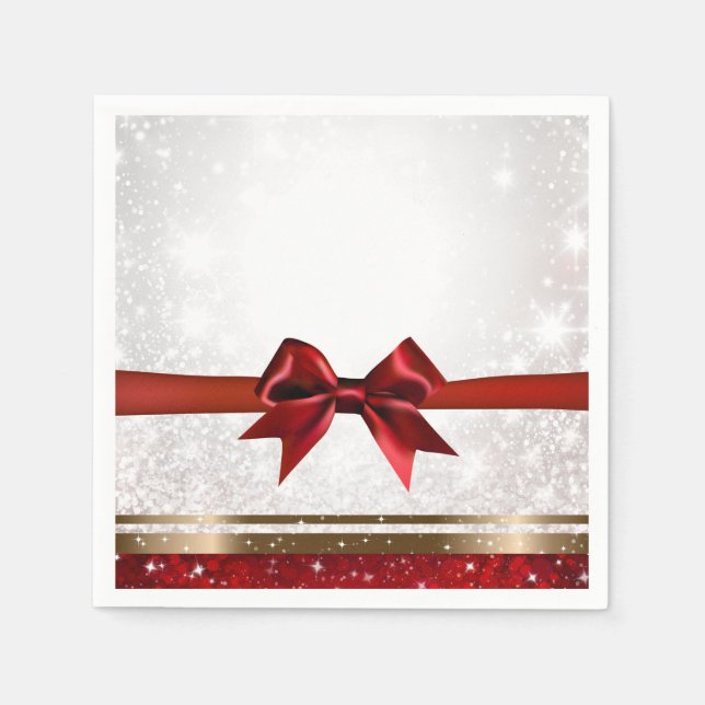 Red Bow & Gold White Sparkle Holiday Party Napkin (Front)