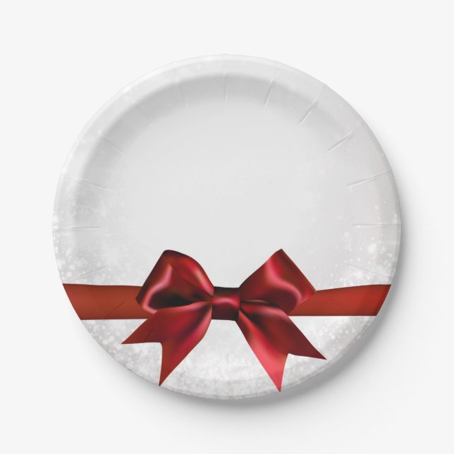 Red Bow & Gold White Sparkle Holiday Party Paper Plate (Front)