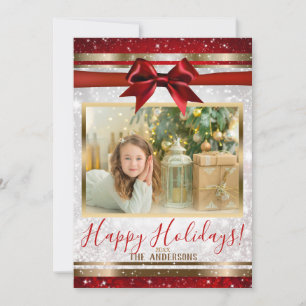 Red Bow Gold White Sparkle Holiday Photo Card