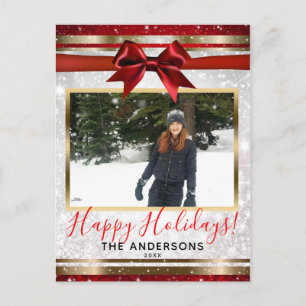 Red Bow Gold White Sparkle Holiday Photo Card
