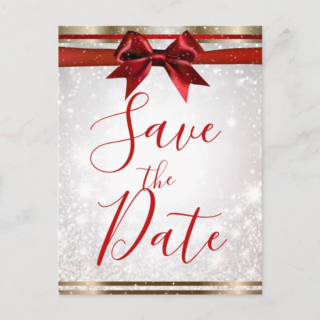 Red Bow & Gold White Sparkle Holiday Save the Date Announcement Postcard (Front)