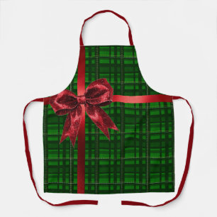Red Bow Green Gingham Plaid Christmas Present  Apron