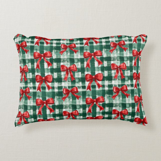 Red Bow Green Plaid Christmas Decorative Cushion (Front)